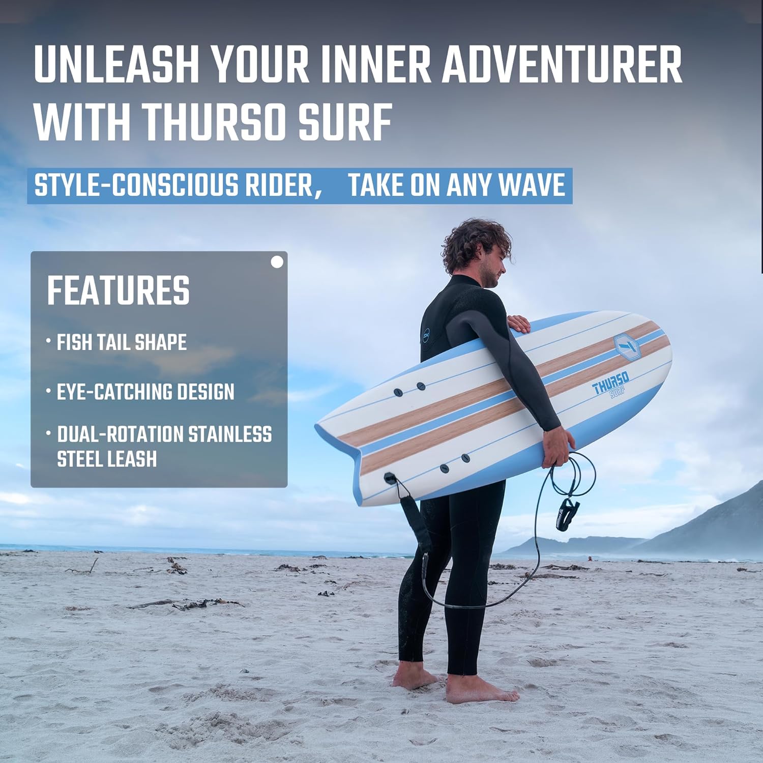 THURSO SURF Lancer 5'10'' Soft Top Foam Surfboard Fish Surf board for Kids & Adults Includes Twin Fins Double Swivel Leash EPS Core IXPE Deck HDPE Slick Bottom Non-Slip Deck Grip - Perfect for Surfing