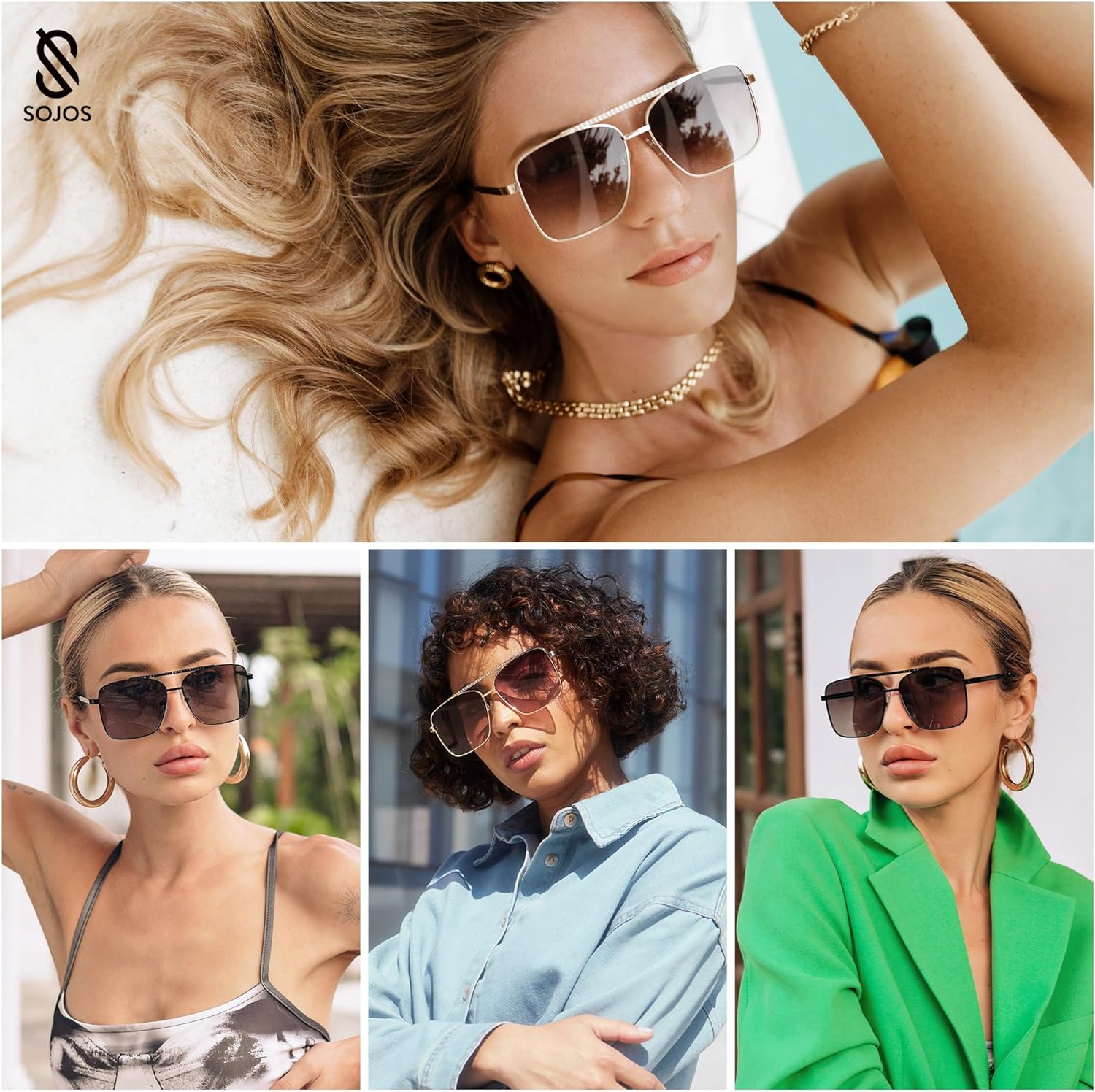 SOJOS Trendy Aviator Sunglasses Womens Oversized Retro Rhinestone Double Bridge Square Women Shades SJ1195