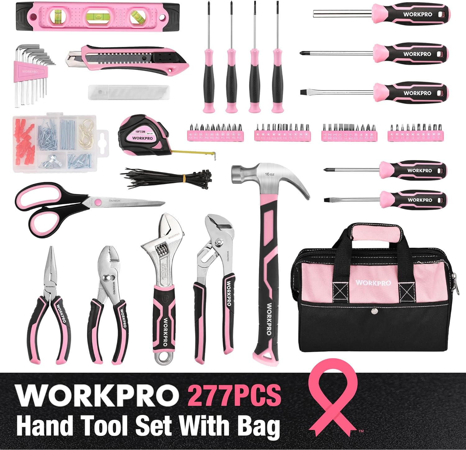 WORKPRO Pink Tool Set, 277 PCS Apartment Essentials Hand Tool Bag Set with 13-Inch Wide Mouth Open Storage Bag, Portable Home Tool Kit Including Hammer, Screwdriver, and Household Tools - Pink Ribbon