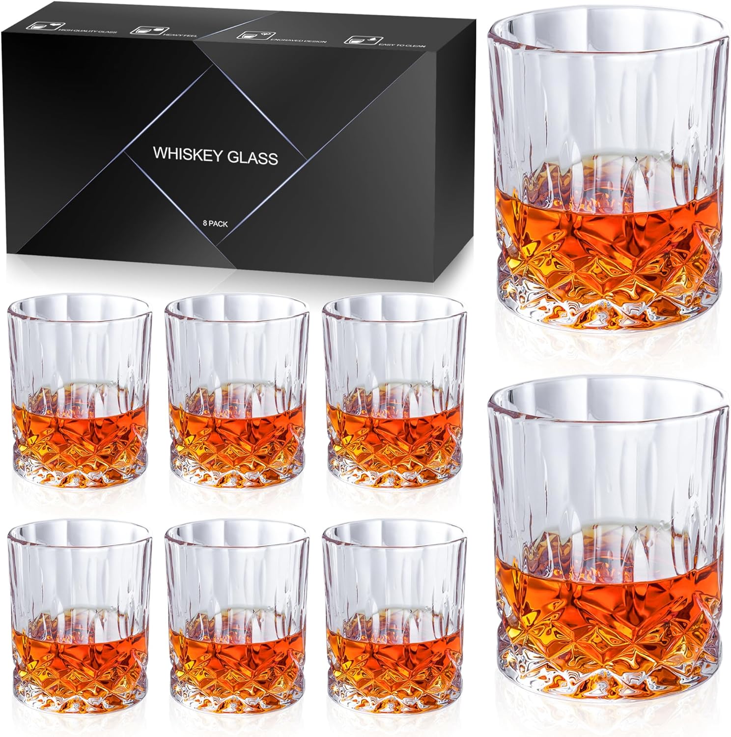 Whiskey Glasses Set of 8, 11 OZ Cocktail Glasses In Gift Box, Old Fashioned Glasses for Drinking Scotch Bourbon Cognac Vodka Rum Liquor, Rocks Glasses, Crystal Scotch Glasses, Gifts for Men