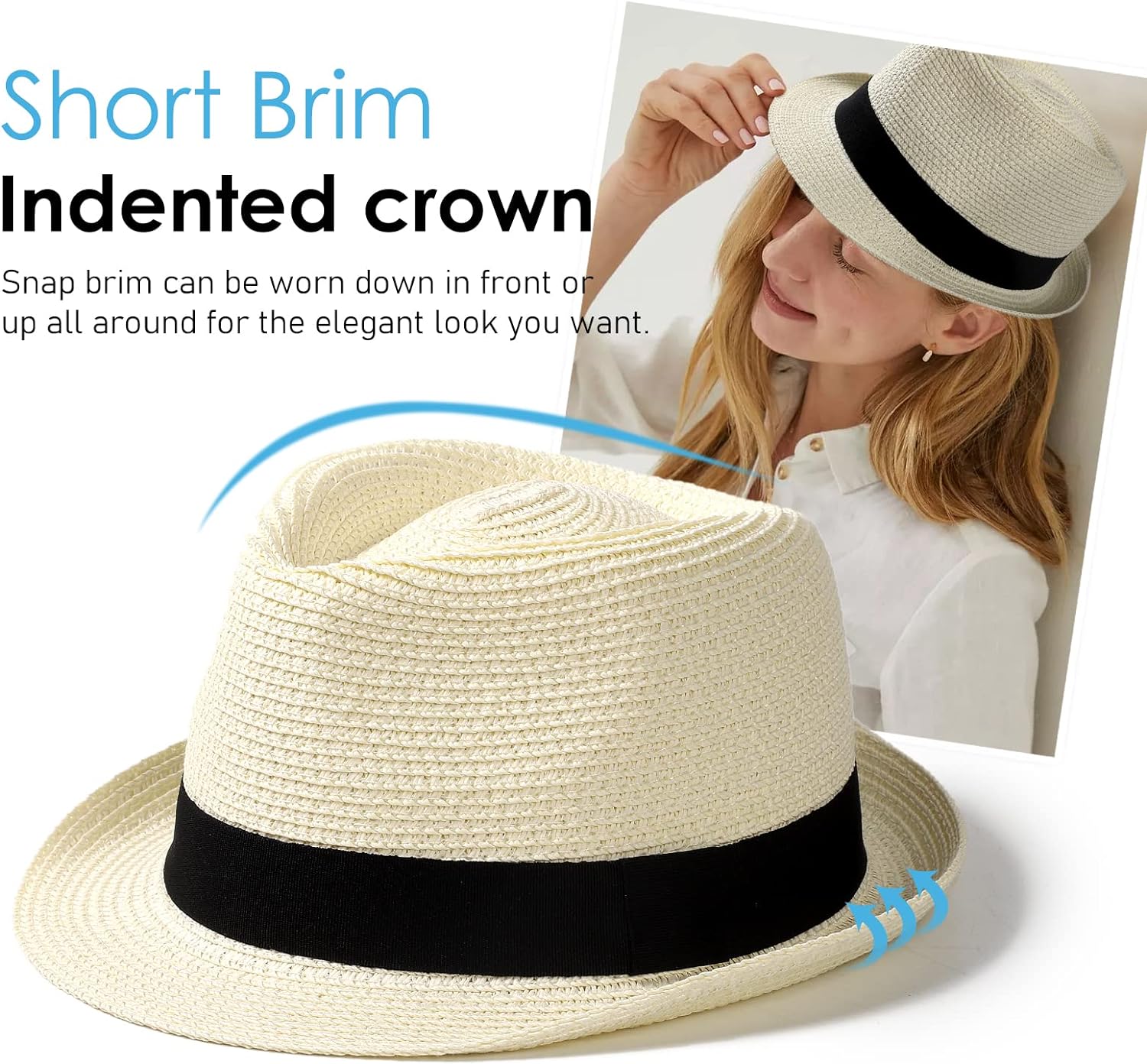 Womens Straw Hat Short Brim Panama Fedora Beach Sun Trilby Hat for Vacation Gentlemen Roll Up Summer Hat, beige White