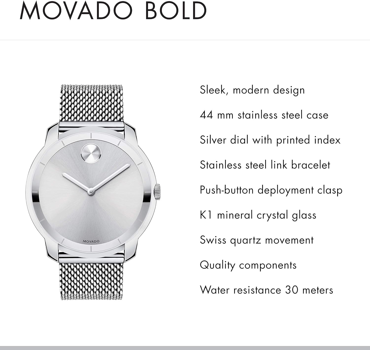 Movado Men's BOLD Thin Stainless Steel Watch with a Printed Index Dial, Silver (Model 3600260)