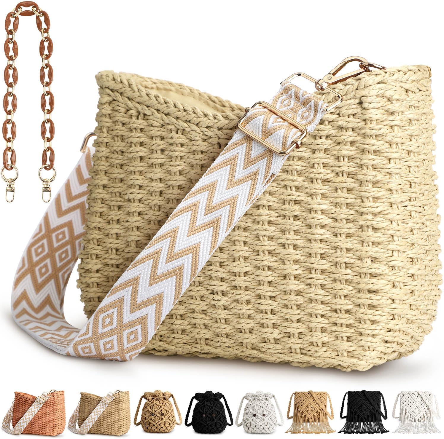 Straw Handbags Purses Crossbody Pocketbook Bag Casual Woven Beach Bags Summer Hobo Hippie Chic Tote Bags with Chain