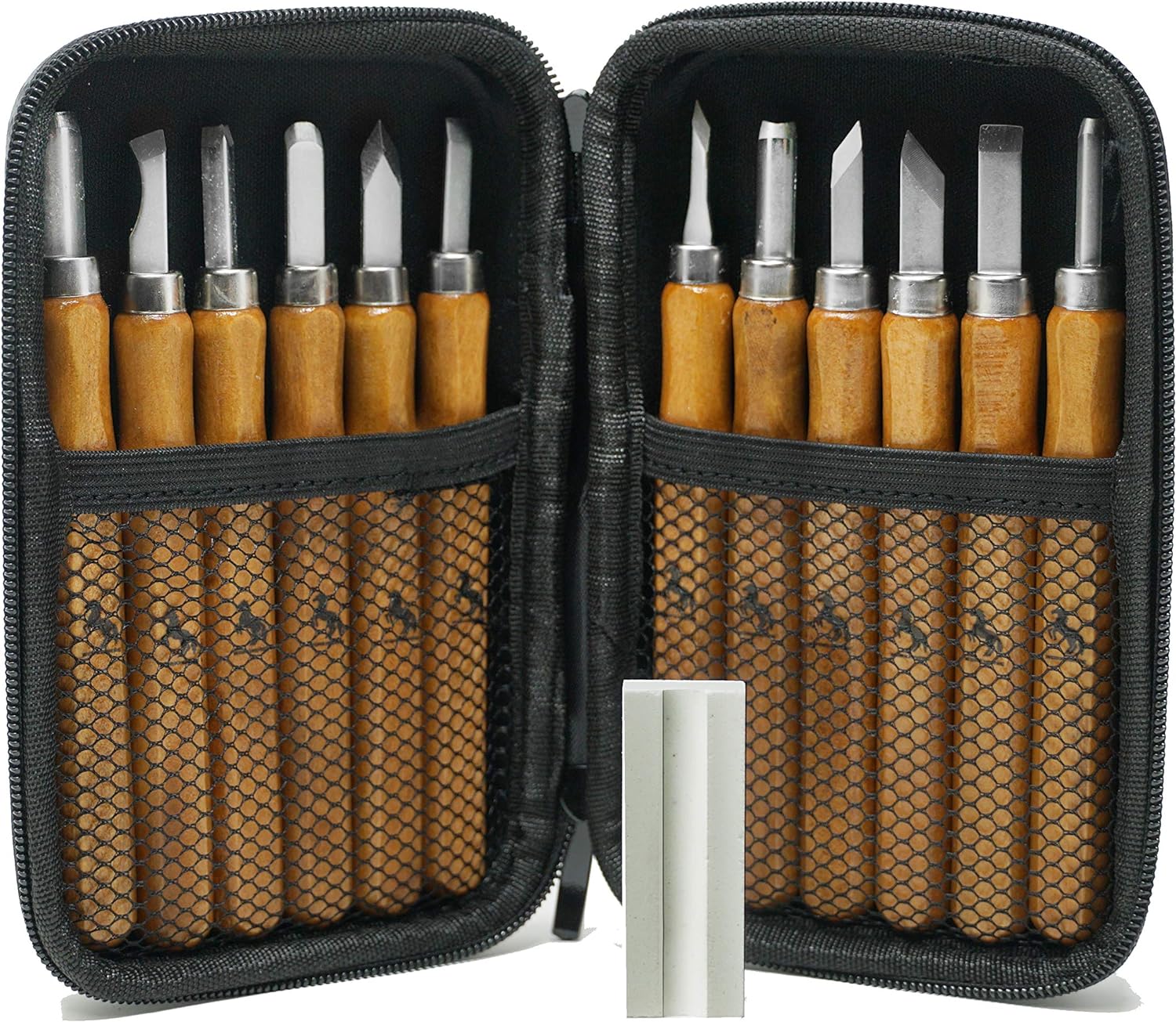 13pc Carbon Steel Wood Carving Knife Tool Kit - with Reusable Pouch and Sharpner