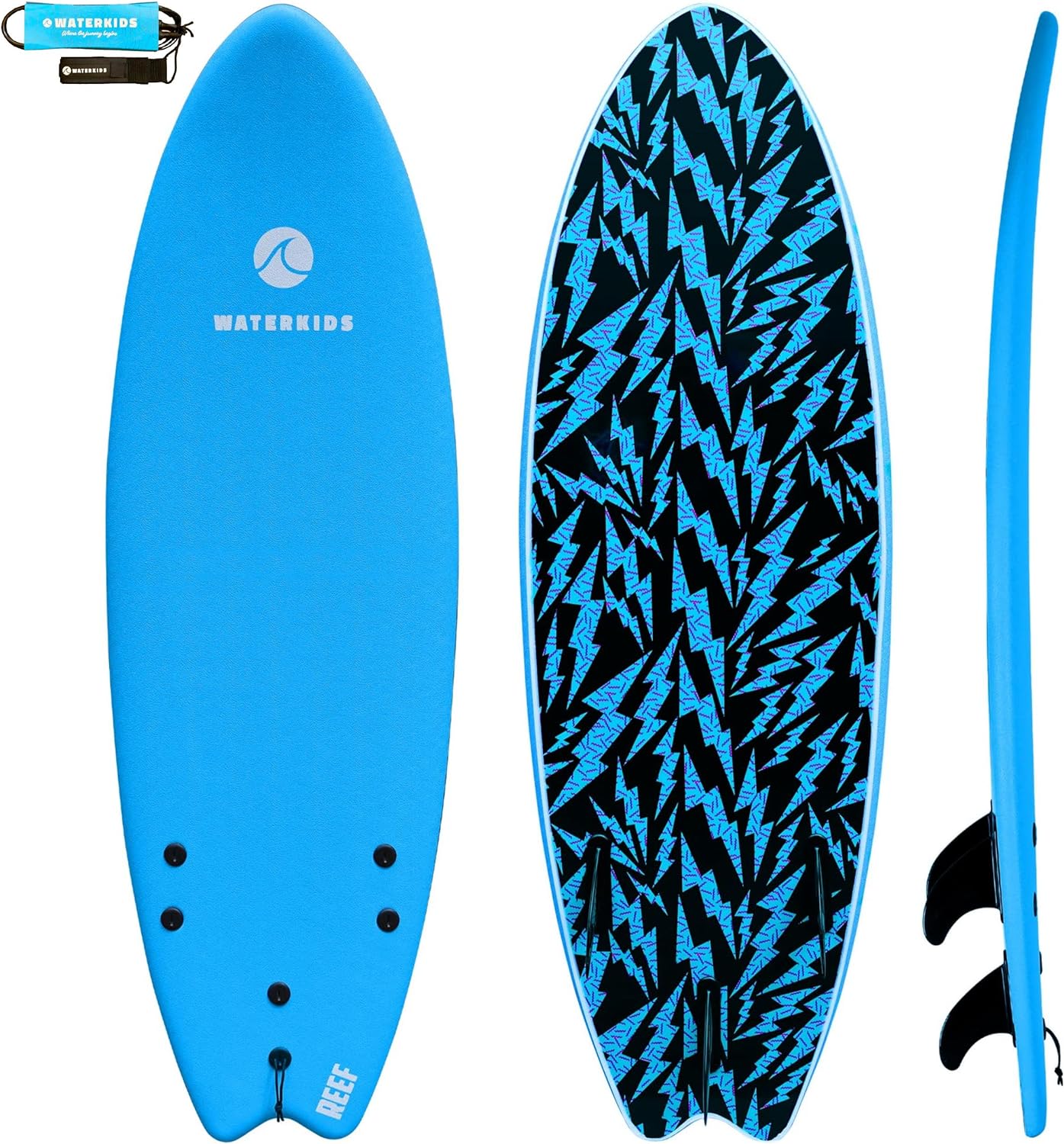 5'6 Reef Kids Surfboard & Leash, Perfect for Learning How to Surf, Made for Kids, Classic Fish Shape Beginner Surfboard, Soft Top Surfboard with Foam Core, Easy to Catch Waves & Progress