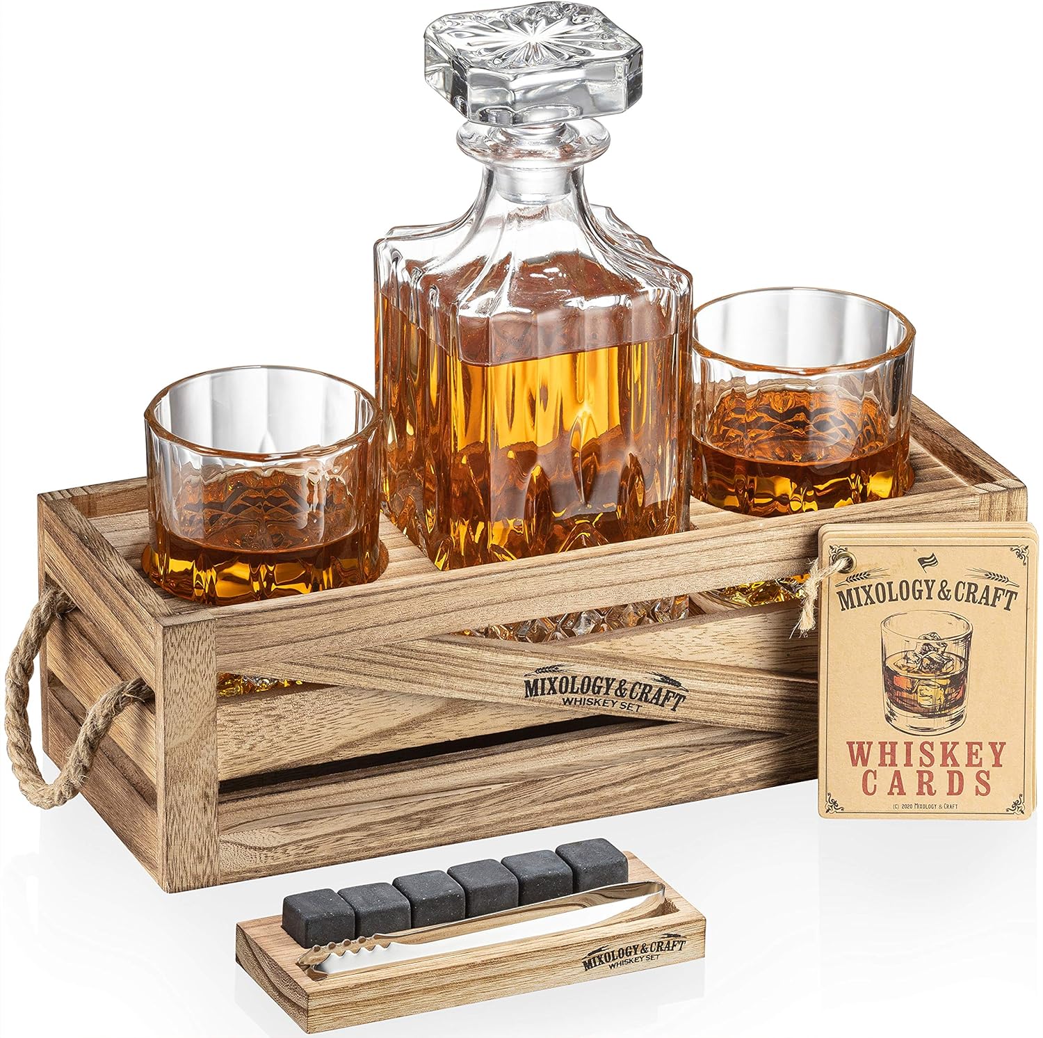 Whiskey Stones Gift Set for Men | Whiskey Decanter with Glasses Set and Wood Stand, 6 Granite Whiskey Chilling Stones and 10oz Whiskey Glasses | Whiskey Decanter Set for Men, Dad, Husband, Boyfriend