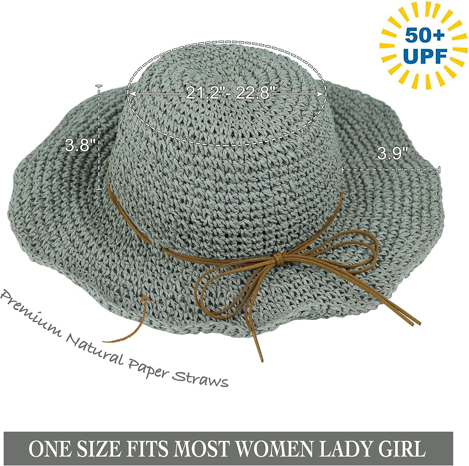 Women Sun Hat Wide Brim Floppy Beach Hat Breathable UV UPF 50+ Straw Hat Foldable Packable Summer Outdoor Cap