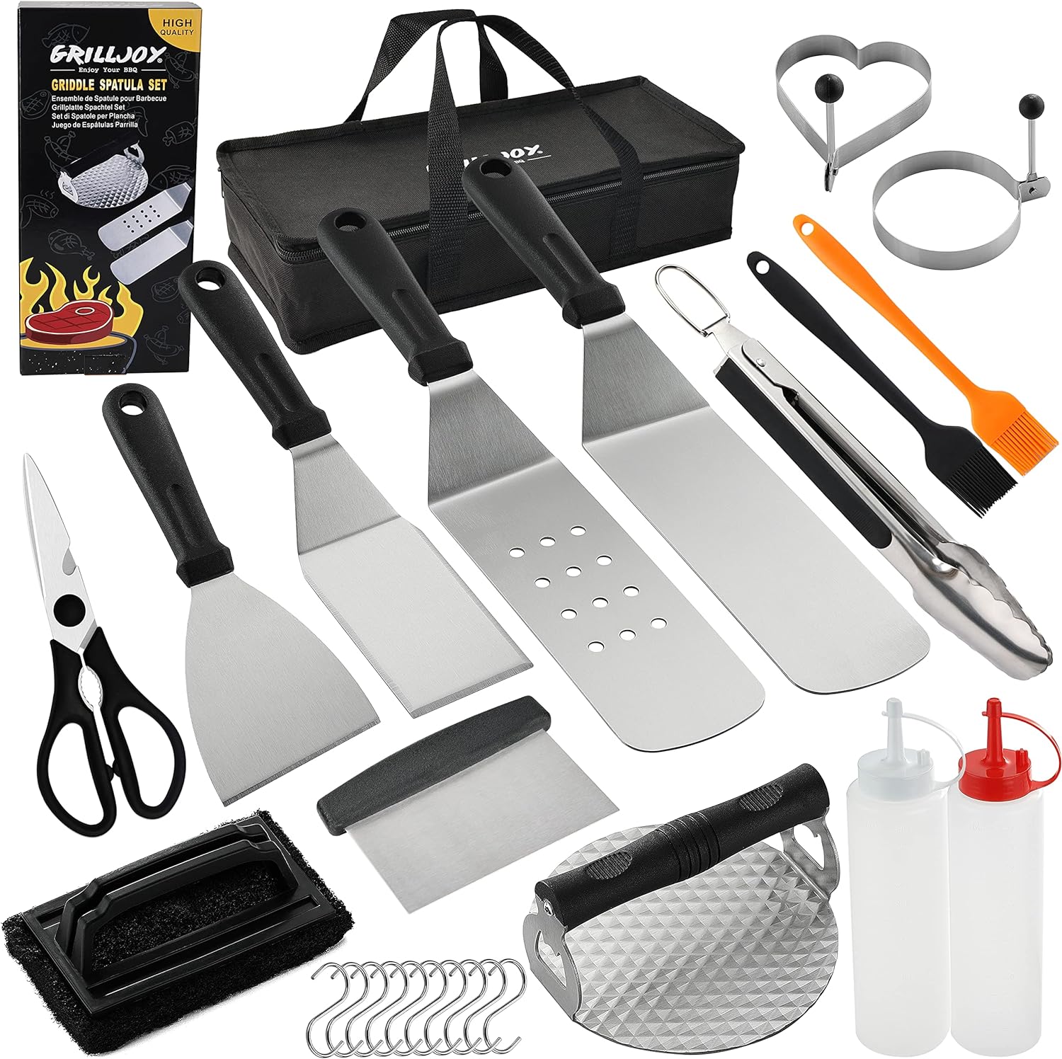 Grilljoy Griddle Accessories Kit Set for Hibachi Grill Flat Top - 26PC Non-Slip Grill Spatulas Set with Cleaning Pad, Burger Press, Egg Rings for Camping Grilling - Ideal for Men Women