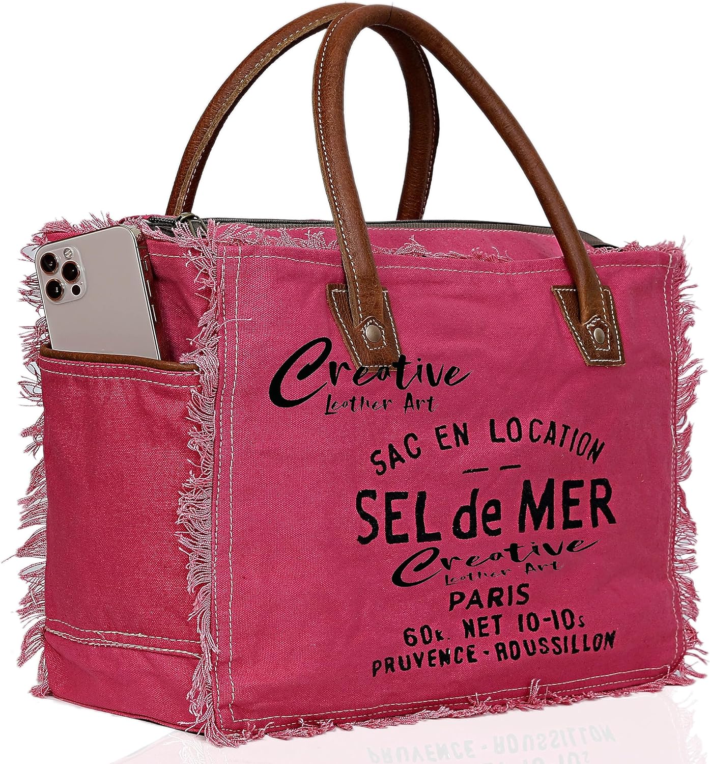 CLA Bags Sel De Mer Upcycled Canvas Hand Bag Upcycled Canvas & Cowhide Tote Bag, Upcycled Canvas & Cowhide Leather Bag