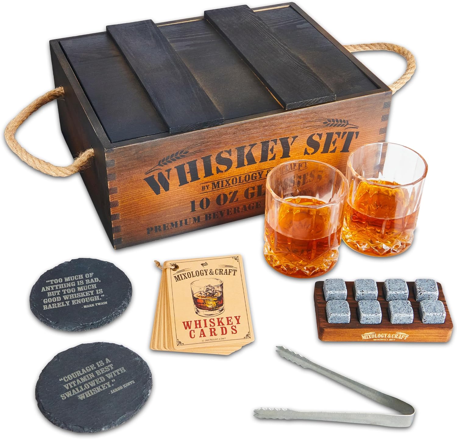 Mixology Whiskey Gift Set, Whiskey Glass Set with Rustic Wooden Crate, 8 Granite Whiskey Rocks Chilling Stones, 10oz Whiskey Glasses, Gift for Men, Dad, Husband, Boyfriend - Jameson Dark Brown