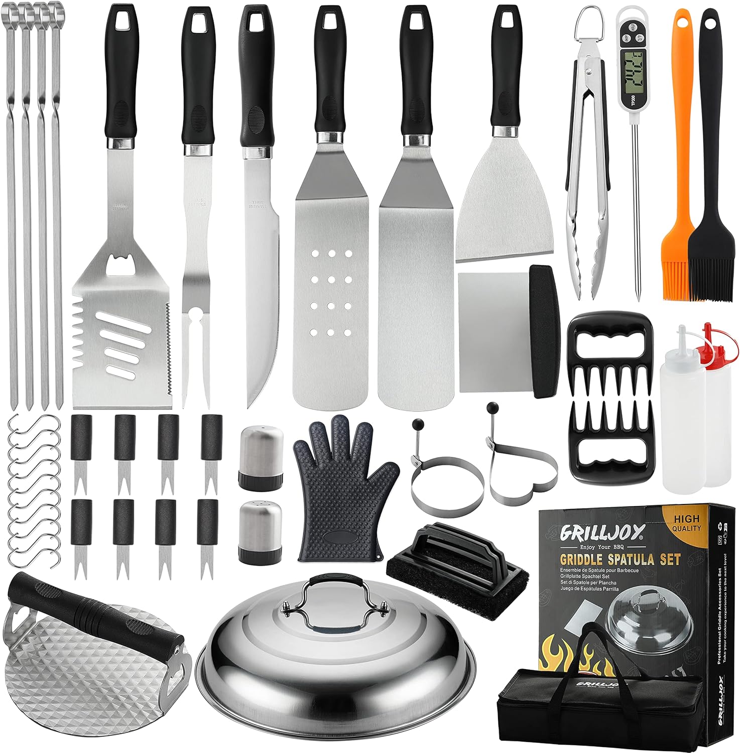 Grilljoy 46PC Griddle Accessories Set with Robust Plastic Handle, All-in-One Griddle Tools Kit for Flat Top Grills Teppanyaki Hibachi, Stainless Steel Grill Spatula Kit for Outdoor Camping Grilling