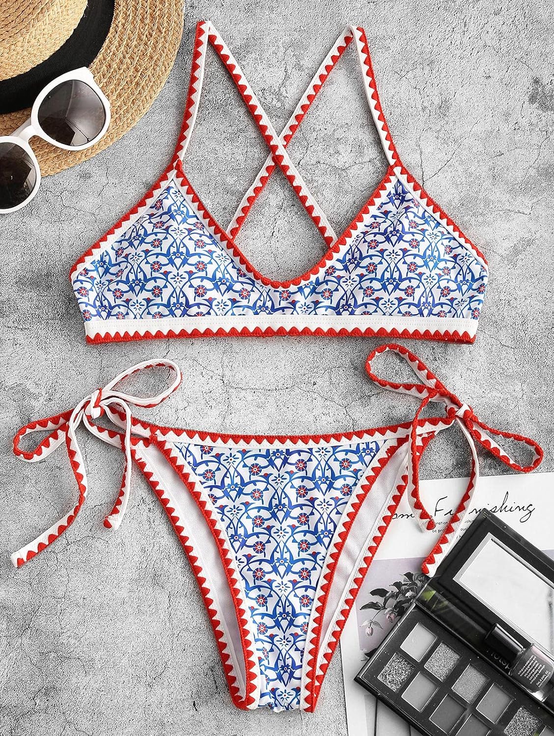 ZAFUL Women's Bohemian Swimsuit Strappy Tie Side Bikini Set Triangle Cheeky String Brazilian Swimwear