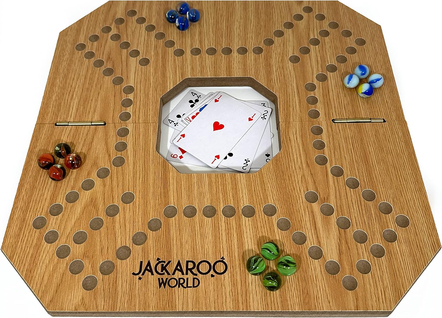 Jackaroo Board Game - Strategy, Competitive, Fun 2-4 Player Marbles and Card Game for Family, Friends, Kids & Adults - Classic Original Game - Wooden Board Foldable and Open in The Middle (Oak)