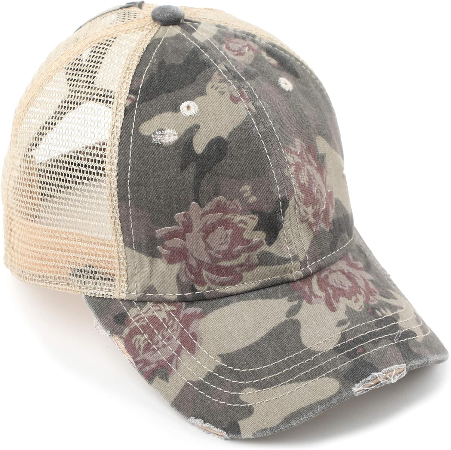 C.C Exclusives Hatsandscarf Washed Distressed Cotton Camo Print Denim Ponytail Hat Adjustable Camo Baseball Cap (BT-15)