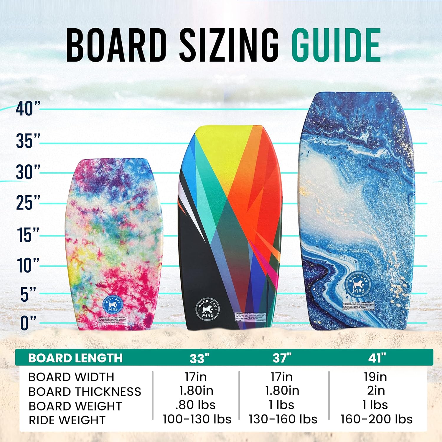 Back Bay Play 26"-41" Body Boards - Lightweight EPS Core Boogie Boards for Beach - Bodyboard, Boogie Board for Beach Kids with Wrist Leash Surfing for Kids & Adults