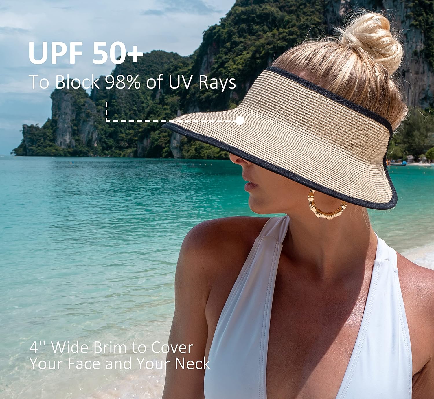 Joywant Sun Visor Hats for Women, Women's Summer Ponytail Foldable Straw Beach Hat with UPF 50+