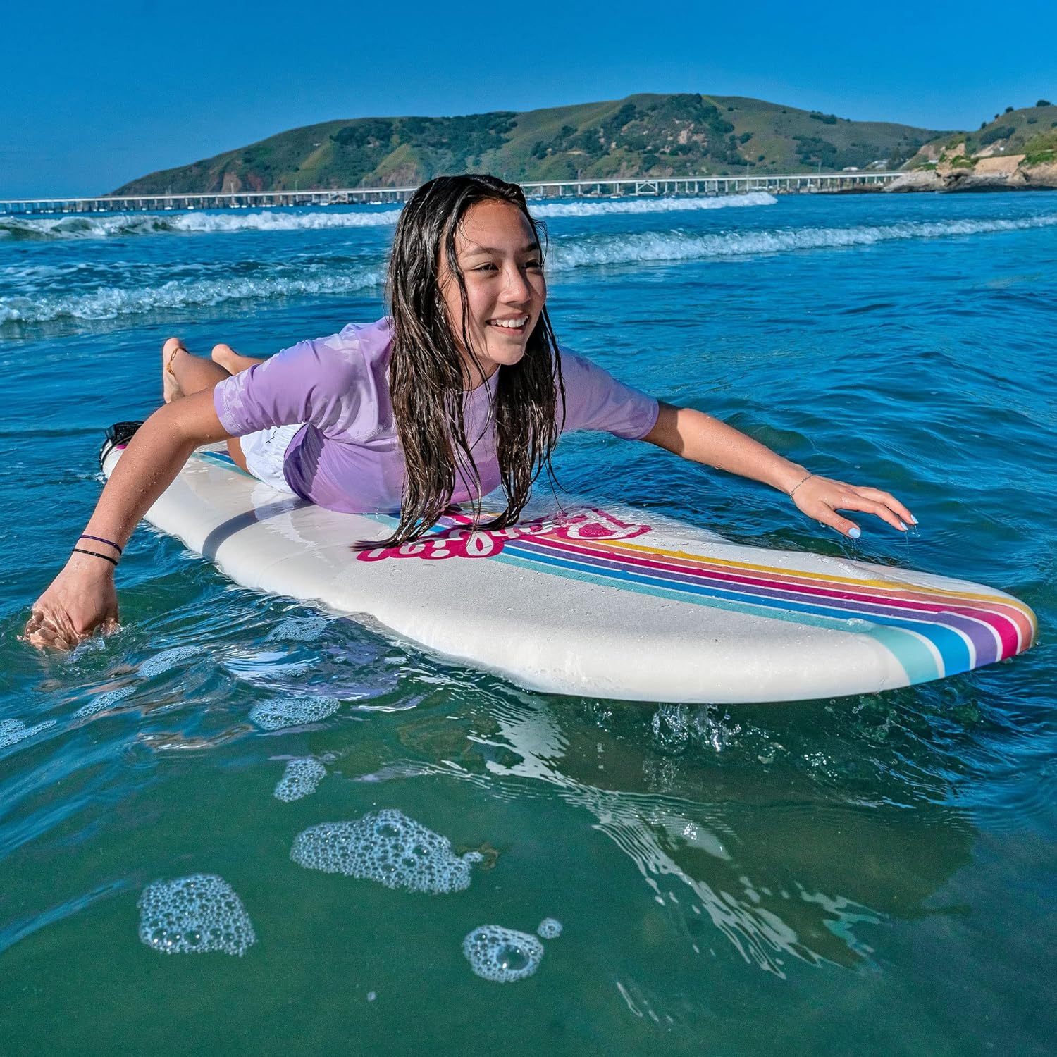 Barbie™ Signature 8ft Surfboard by Wavestorm | Graphic top Deck with high Density Slick Bottom | for Kids and Adults |Foam Construction with Accessories | Leg Leash and Fin Set Included,White