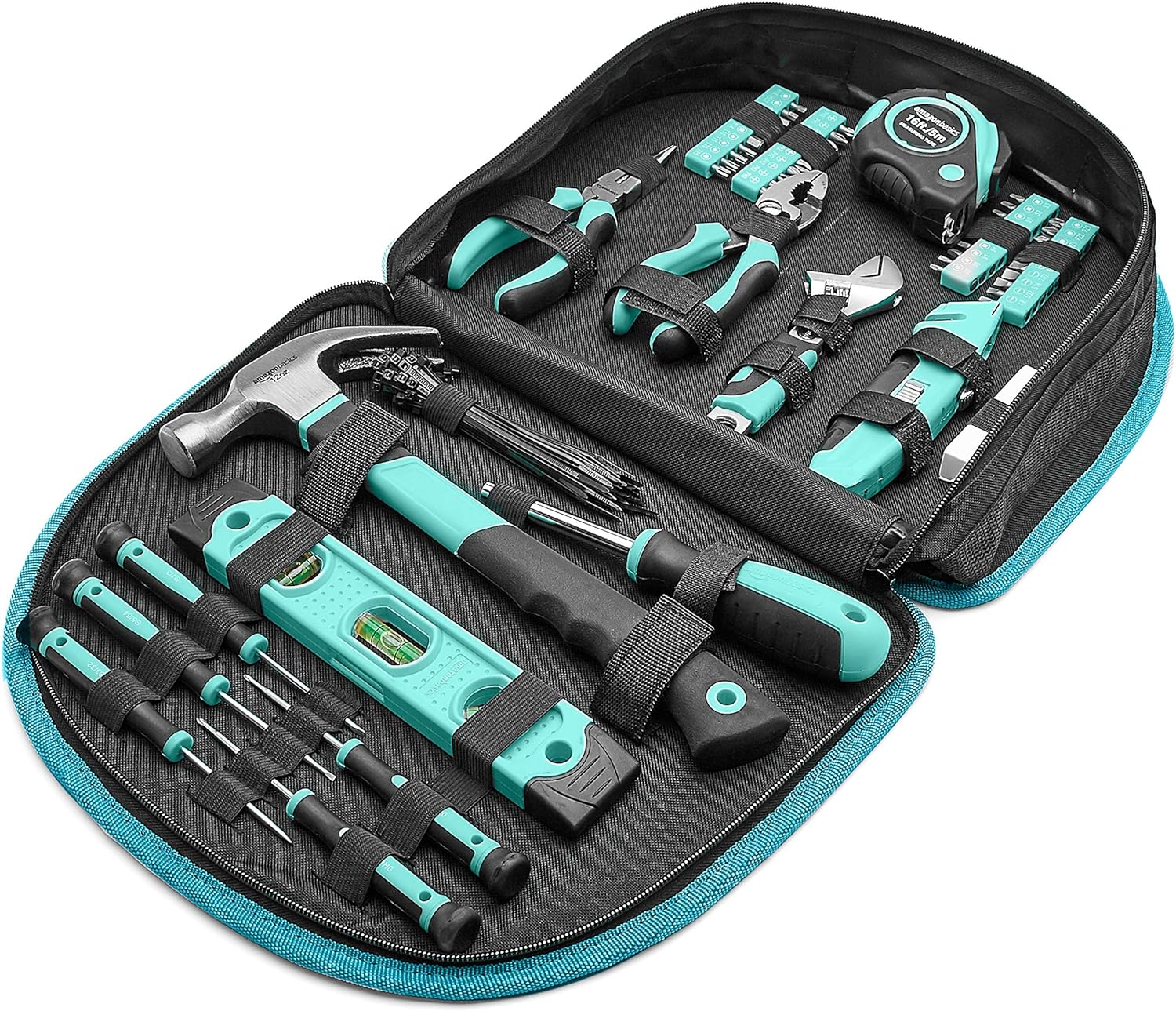 Amazon Basics Tool Set With Easy Carrying Round Pouch, 104-Piece, Turquoise, 14.4 x 11.4 x 3 inches