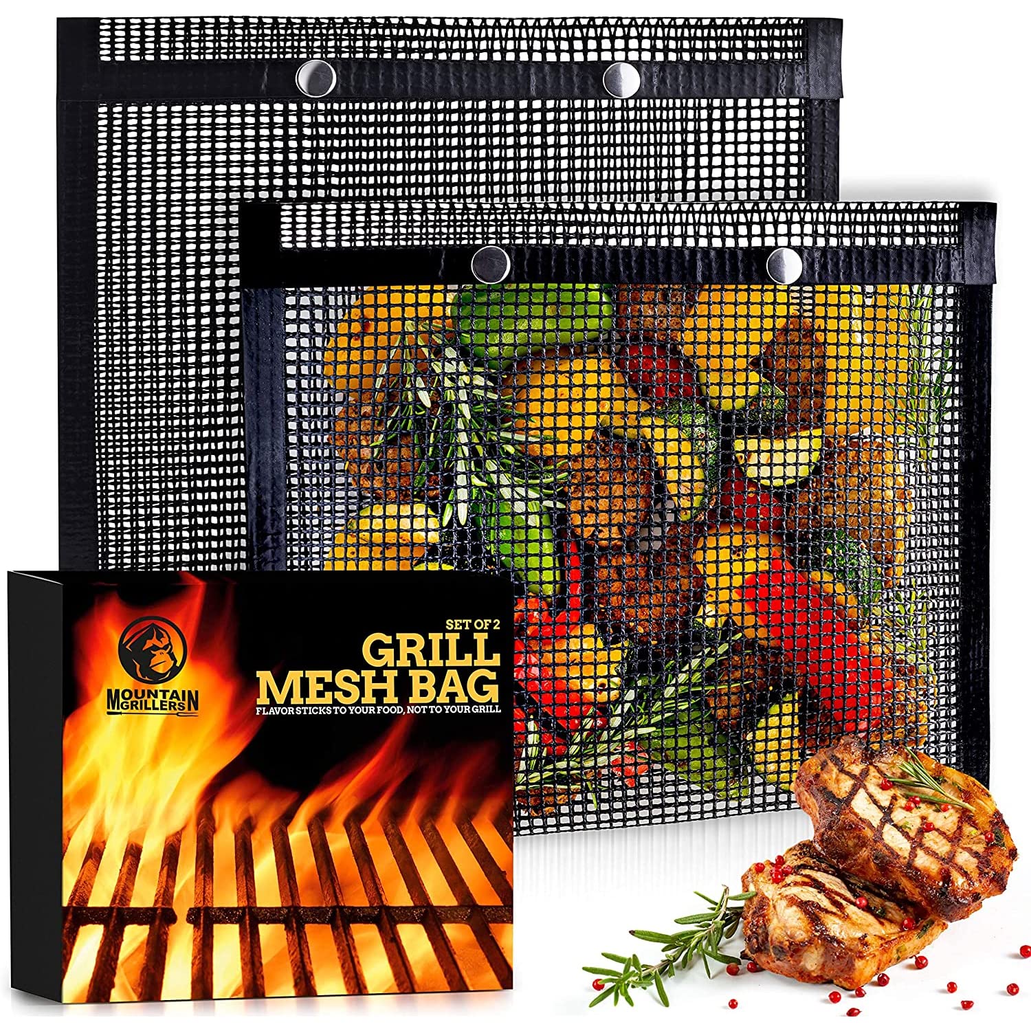 Mountain Grillers Set of 2 BBQ Mesh Grill Bags -(12.83 x 11.73-Inch) Reusable Grilling Pouches for Barbeque, Fish -Suitable for Charcoal, Electric Grills -Heat-Resistant & Non-Stick Bag for BBQ Lover