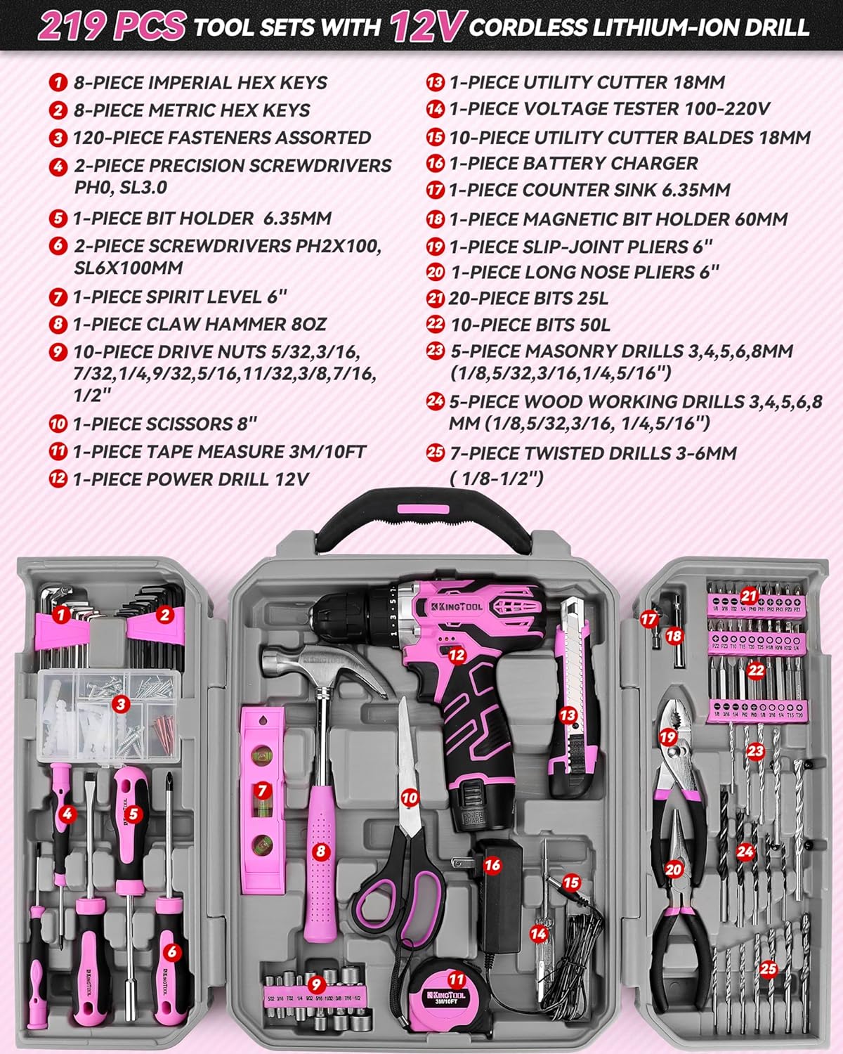 KingTool Home Tool Kit Set - 219 Pieces Pink Tool Kit with 12V Max Power Cordless Drill, Tool Kit for Women, Household Tool Set Kit with Power Drill for Home Office Garden Repair