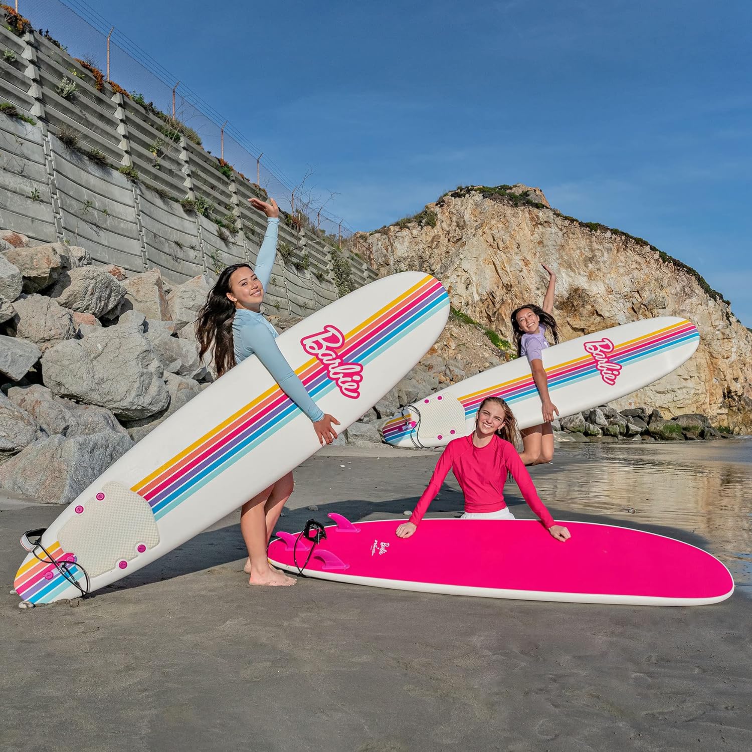 Barbie™ Signature 8ft Surfboard by Wavestorm | Graphic top Deck with high Density Slick Bottom | for Kids and Adults |Foam Construction with Accessories | Leg Leash and Fin Set Included,White