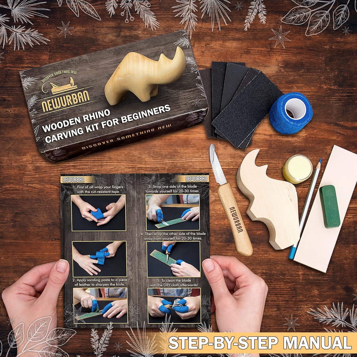 Wood Carving Kit for Beginners - Whittling kit with Rhino - Linden Woodworking Kit for Kids, Adults - Wood Carving Stainless Steel Knife with Wooden Handle-Rhino Shaped Linden Blank