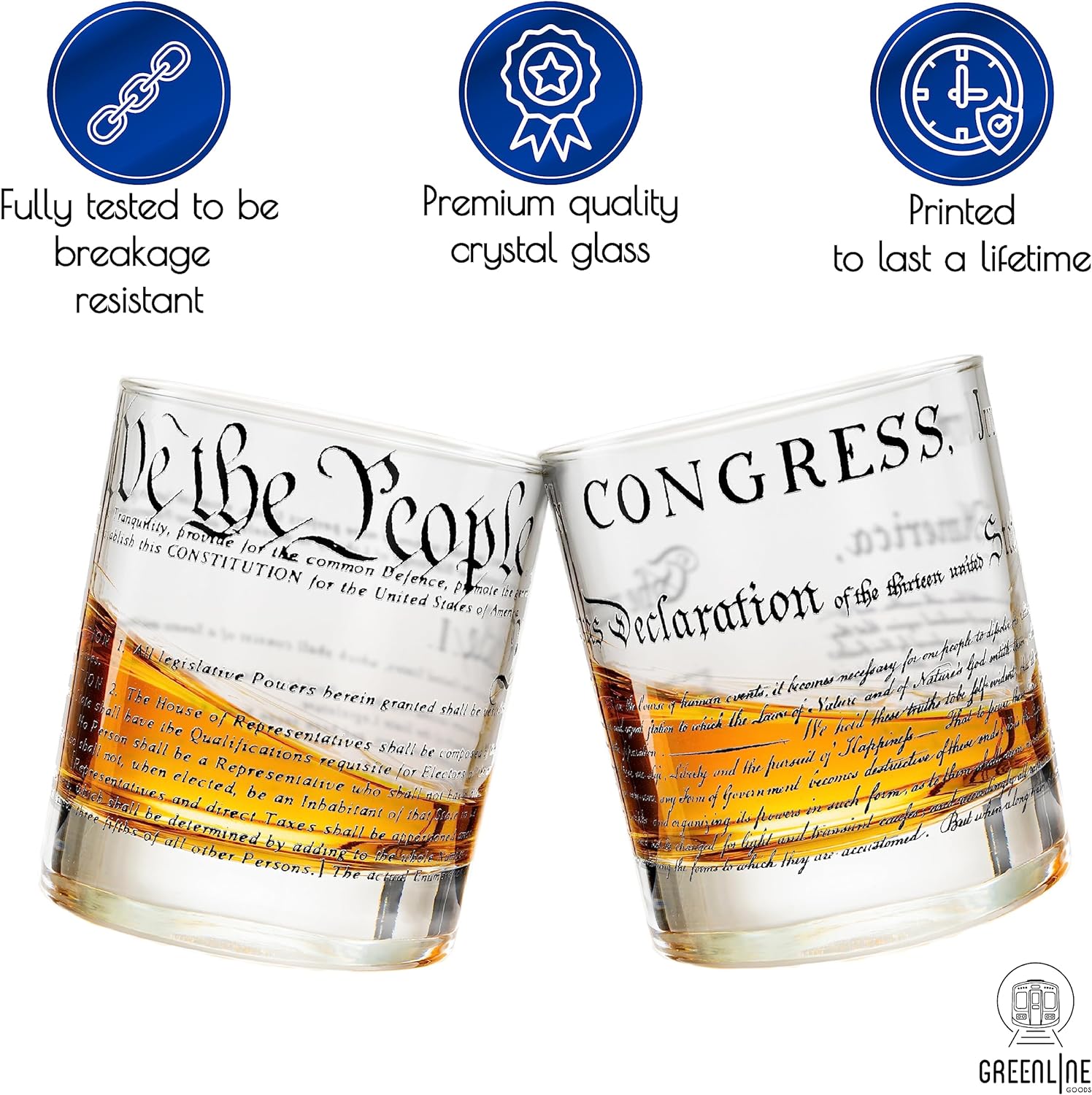 Greenline Goods Whiskey Glasses – United States Constitution + Declaration Glass (Set of 2) - 10 oz Tumblers - American US Patriotic Gift Set - Old Fashioned We The People Cocktail Glasses