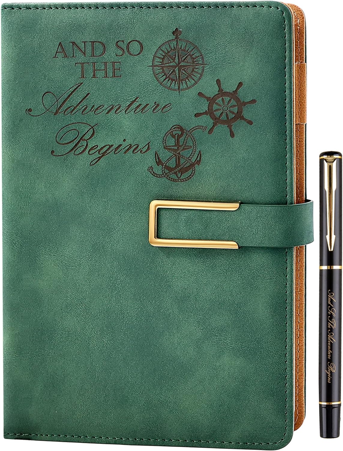 Refillable Adventure Writing Journal for Men & Women Faux Leather Hardcover Notebook A5 College Ruled 200 Lined Pages Lay-Flat Personal Diary with Pen & Magnetic Buckle （Adventure - Green)