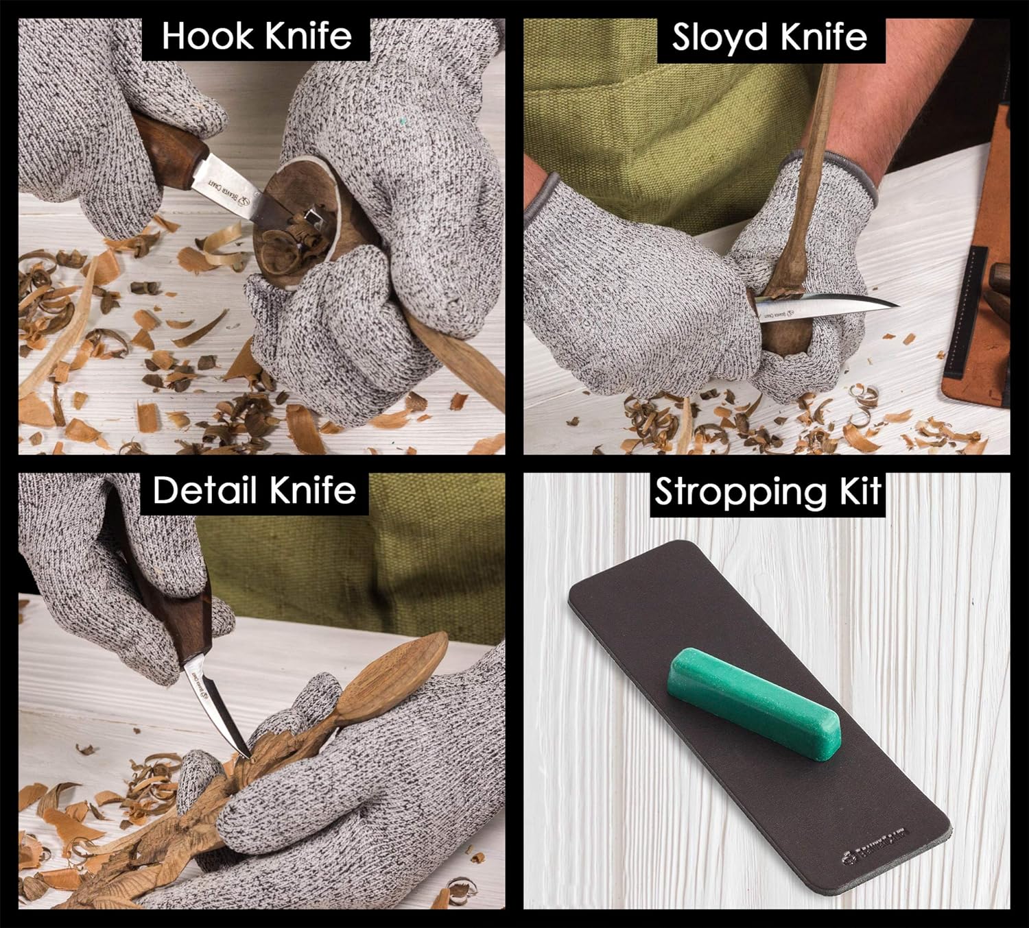 BeaverCraft Spoon Carving Kit Whittling Knives Spoon Carving Knife Sloyd, Chip Small Detail Knife, Hook Knife - Spoon Carving Tools Wood Carving Kit & Leather Strop Whittling Knife Set Deluxe S13X