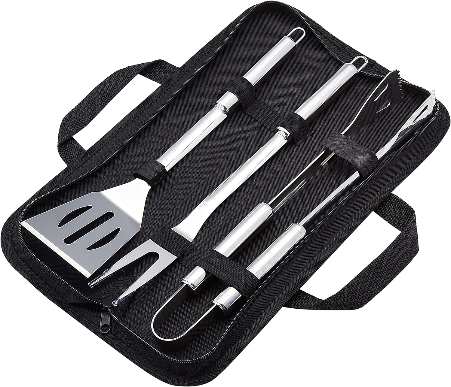 Amazon Basics 4-Piece Stainless Steel Barbeque Grilling Tool Set with Carry Bag