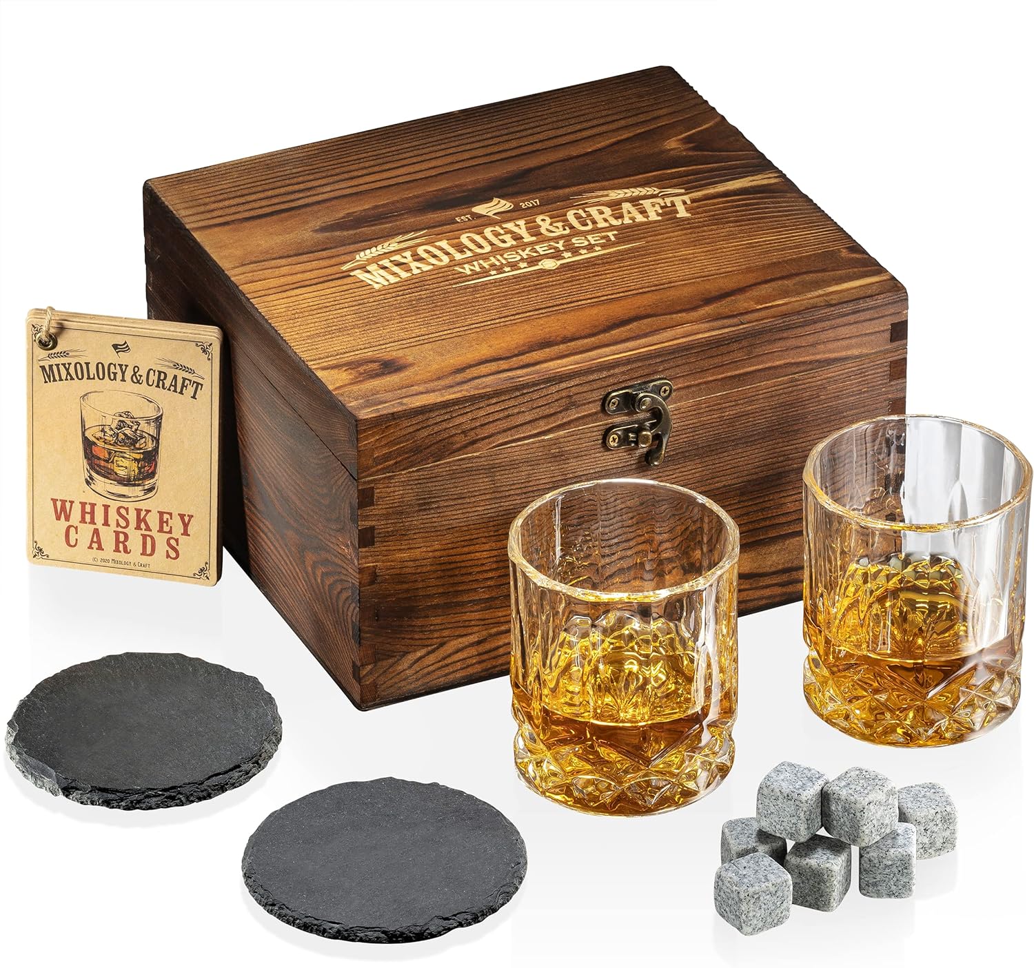 Mixology & Craft Whiskey Stones Gift Set for Men | Pack of 2, 10 oz Whiskey Glasses w/ 8 Granite Chilling Rocks, 2 Slate Coasters, Cocktail Cards in a Rustic Wooden Crate | Whiskey Essentials