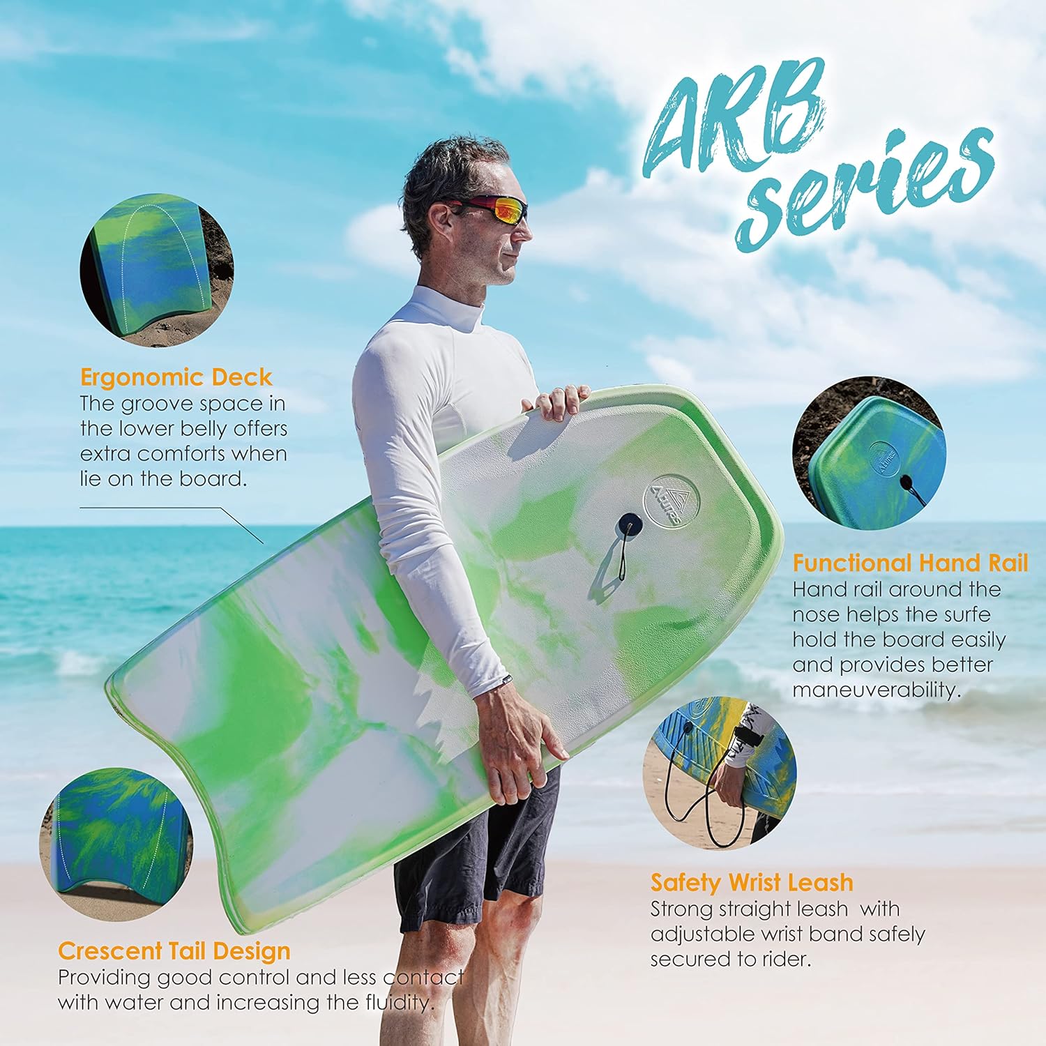 Body Boards, 33"-43" Bodyboard for Beach with Wrist Leash, Solid PE/EVA Closed-Cell Waterproof Foam, Surfing for Kids and Adults