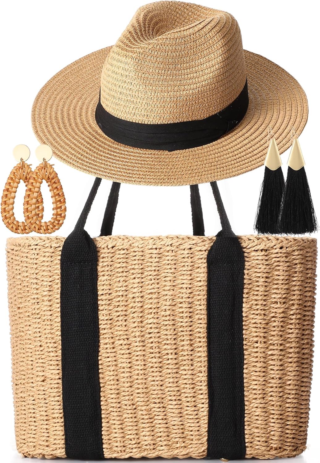 4 Pcs Straw Bag Woven Bag and Rattan Wicker Hat Tassel Earrings Set Summer Tote Handbag for Woman Vacation Boho Accessories