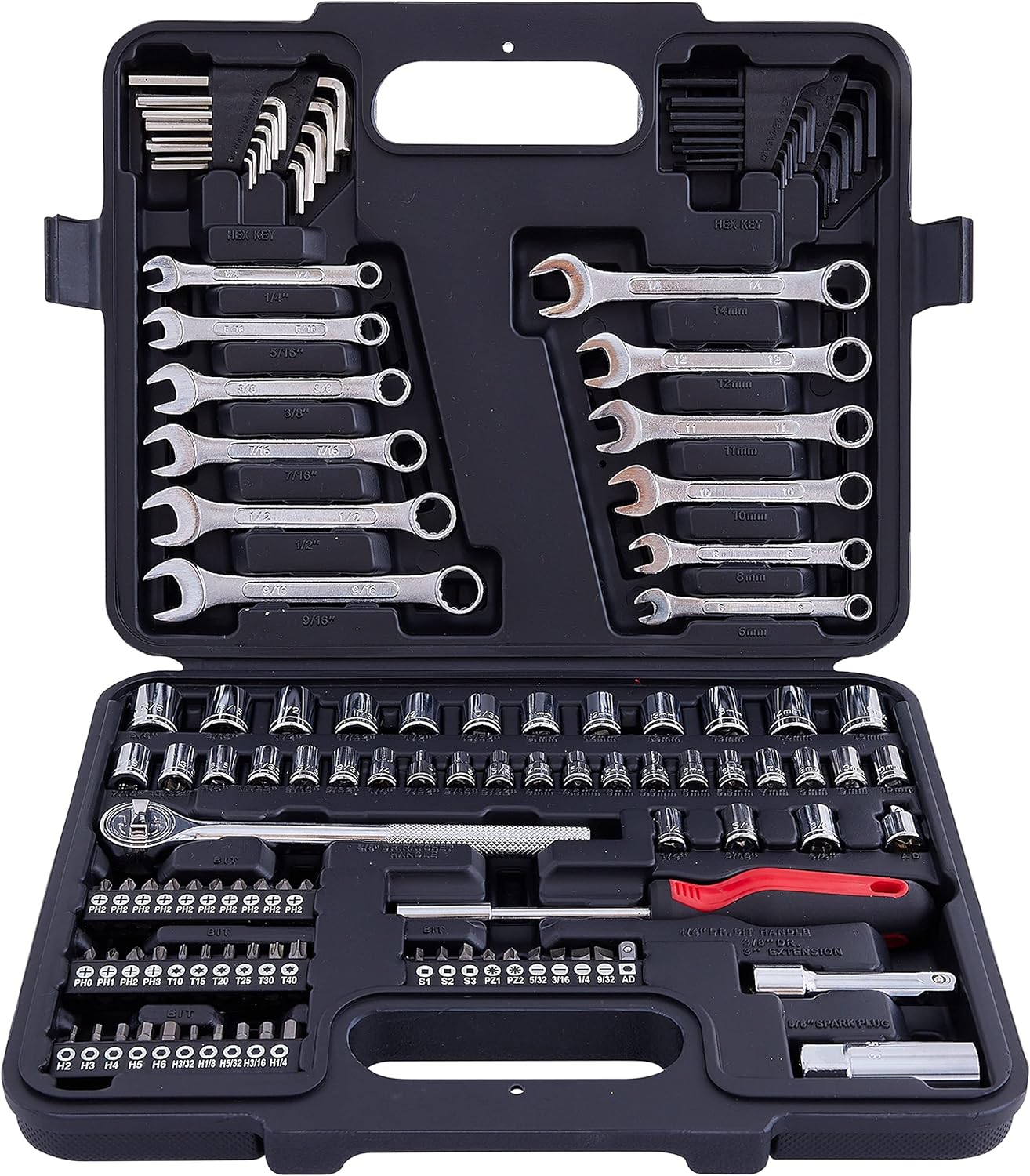 121 Piece Mechanic Tool Socket Set 3/8 and 1/4 inch Drive SAE & Metric Size, with Tool Box Storage Case for Home, Car Trunk, Automotive, Bike Projects and as A Gift