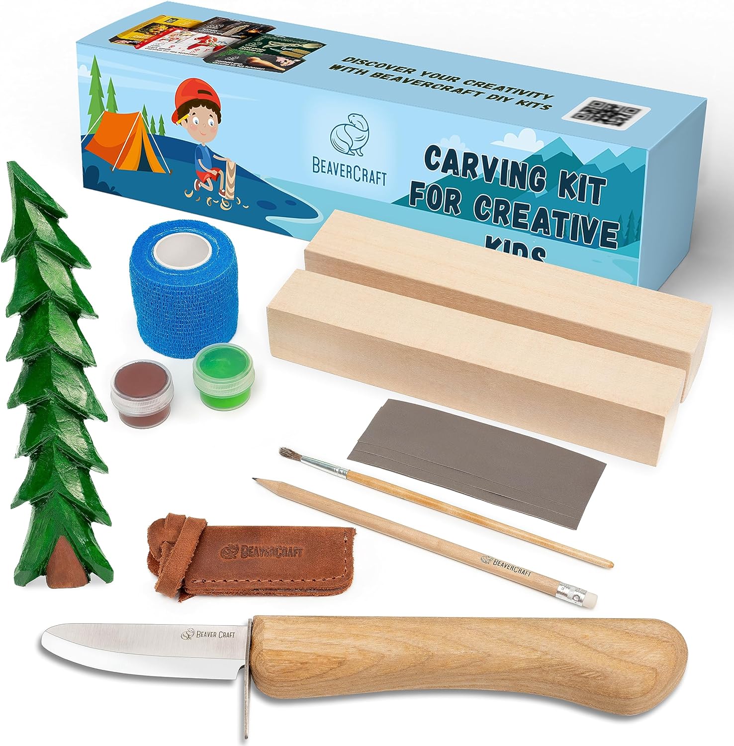 BeaverCraft Wood Carving Kit for Kids & Beginner DIY08 - Wood Whittling Kit for Kids Woodworking Starter Kit Hobby Kits for Boys Wood Crafts Projects DIY Gifts, Carving Set Whittling Knife & Basswood