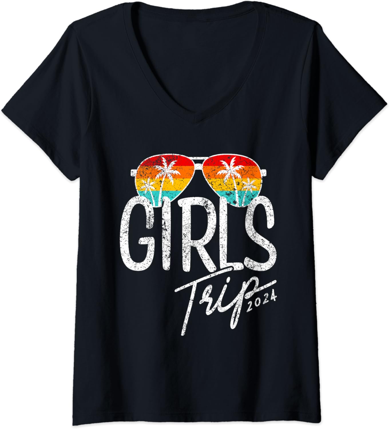 Womens Vintage Girls Trip Funny Summer 2024 Vacation Sunglasses V-Neck T-Shirt