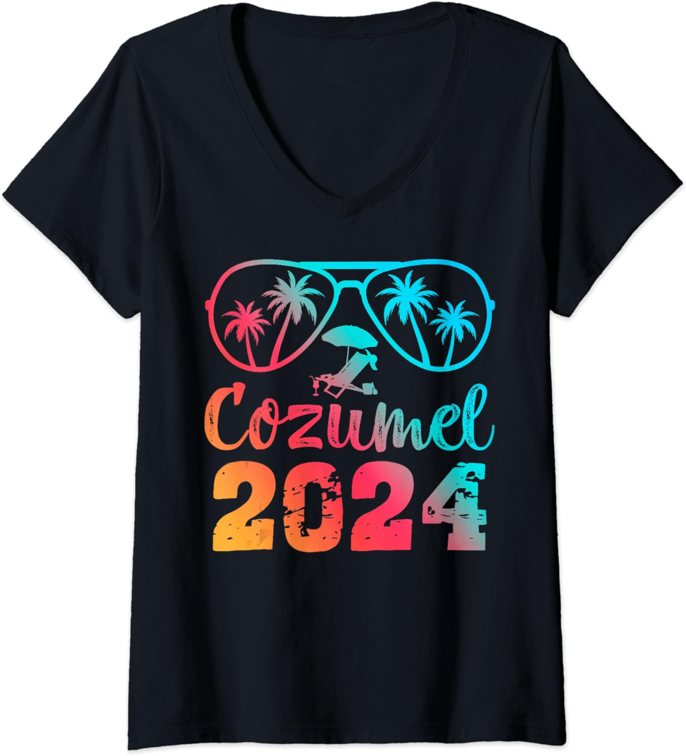 Womens Summer Sunglasses 2024 Vacation Mexico Cozumel Beach V-Neck T-Shirt