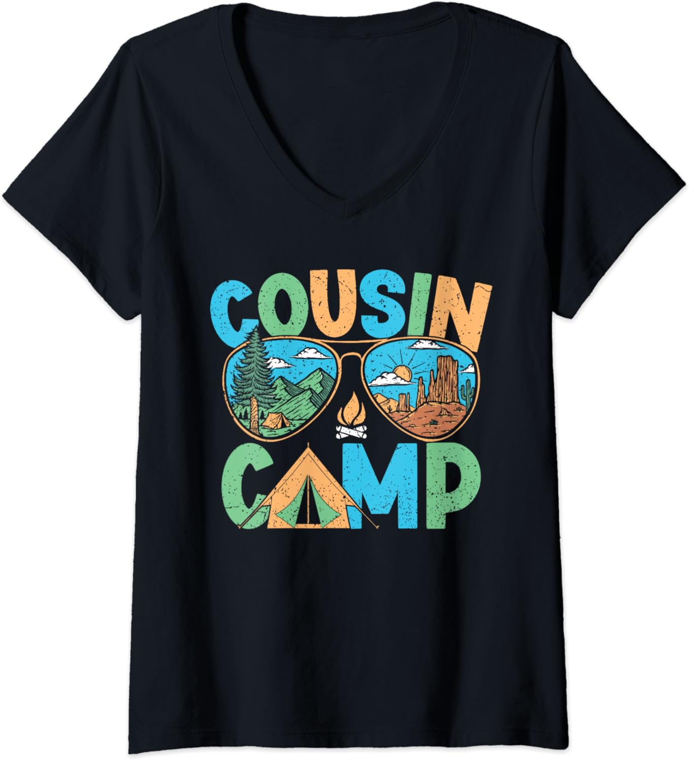 Womens Cousin Camp 2024 Sunglasses Summer Camping Vacation Camper V-Neck T-Shirt