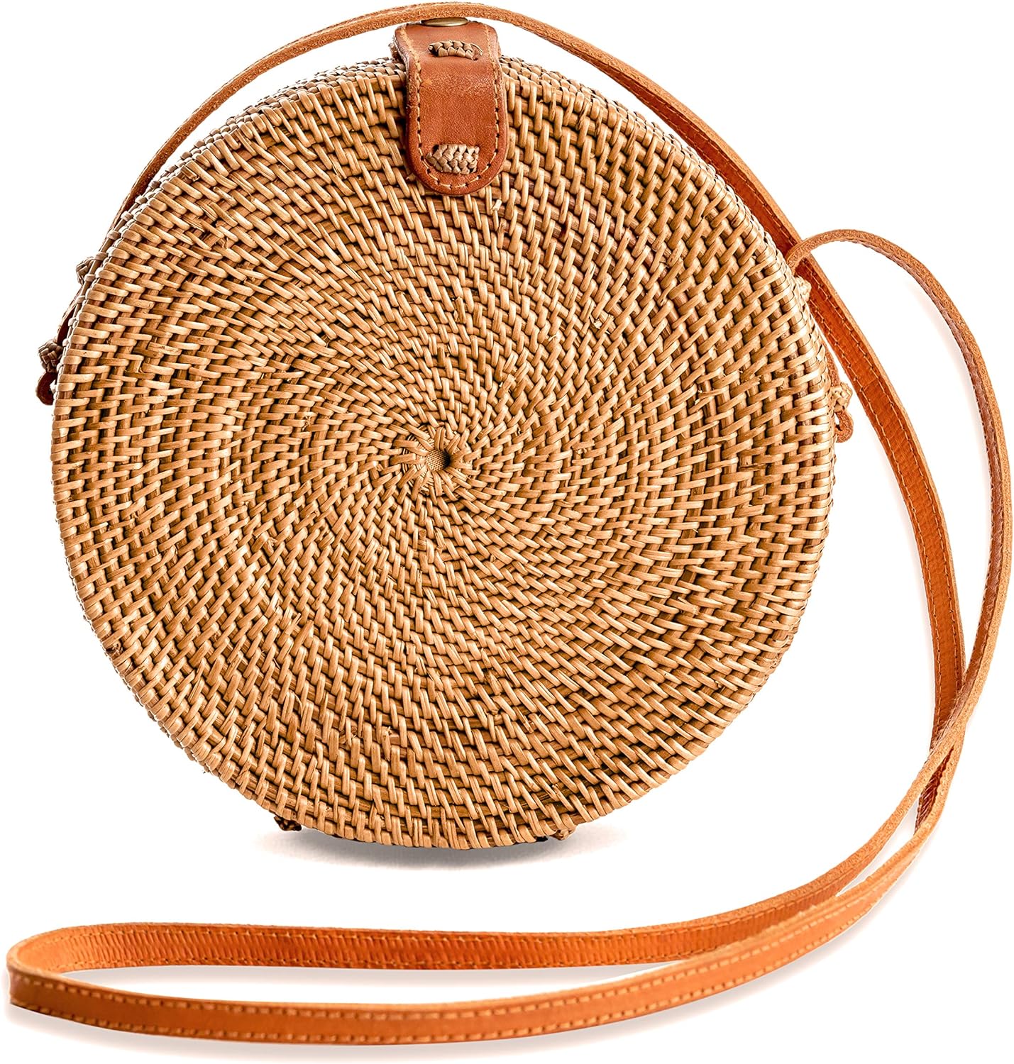 Novum Crafts Round Rattan Bag for Women - Handmade Ata Wicker Woven Purse - Circle, Square, Oval Brown Straw Boho Bags