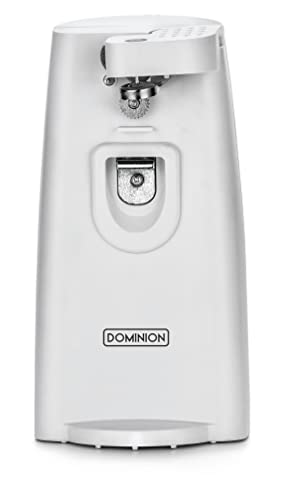 Dominion Tall Electric Can Opener, Easy Push Down Lever, Knife Sharpener, Bottle Opener & Built-In Cord Storage, Opens All Standard-Size and Pop-Top Cans, Easy to Clean, White