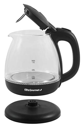 Elite Gourmet EKT1001 Electric 1.0L BPA-Free 1100W Glass Kettle Cordless 360° Base, Stylish Blue LED Interior, Handy Auto Shut-Off Function – Quickly Boil Water For Tea & More, Black