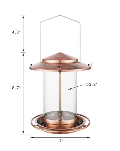 iBorn Metal Bird Feeder for Outside Hanging,Wild Bird Feeders for Cardinal,18cm Large Roof&Tray Brushed Copper 6 Port (Seed is not Included)