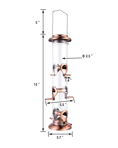 iBorn Metal Bird Feeders Brushed Copper Wild Bird Feeder for Outdoors Hanging All Metal Brushed Copper Finishing 14 Inch 6 Port(Seed is not Included)