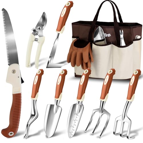 MelonArt Garden Tool Set,10 Pcs Heavy Duty Gardening Hand Tool Kit for Women Aluminum with Non Slip Ergonomic Handle, Storage Tote Bag and Gardening Gloves, Ideal Gifts for Women and Men