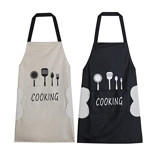 Agirlvct 2 Pack Kitchen Apron with Hand Wipe,Water-drop Resistant with Pockets Cooking Dish Washing Bib Aprons Birthday Gift for Women Men Chef Home Coffee Restaurant