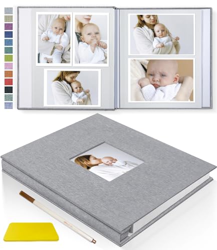 Popotop Photo Album Self Adhesive with Picture Display Window,40 Pages DIY Baby Memory Book for 4x6 8x10 Picture,Linen Cover Scrapbook for Wedding,with Scraper and Metallic Pen