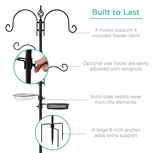 Best Choice Products 91in 4-Hook Bird Feeding Station, Steel Multi-Feeder Kit Stand for Attracting Wild Birds w/ 2 Bird Feeders, Mesh Tray, Bird Bath, 4-Prong Base - Black