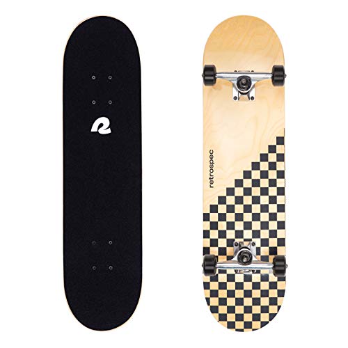 Retrospec Alameda Skateboard Complete | Canadian Maple Wood Deck w/ 5.5 Inch Aluminum Alloy Trucks for Commuting, Cruising, Carving & Downhill Riding | 31” x 7.5”, Black Checker