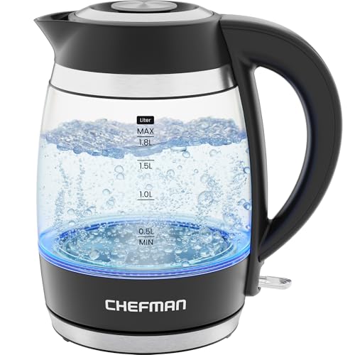 Chefman Electric Kettle, 1.8L 1500W, Hot Water Boiler, Removable Lid for Easy Cleaning, Auto Shut Off, Boil-Dry Protection, Stainless Steel Filter, BPA Free, Borosilicate Glass Electric Tea Kettle