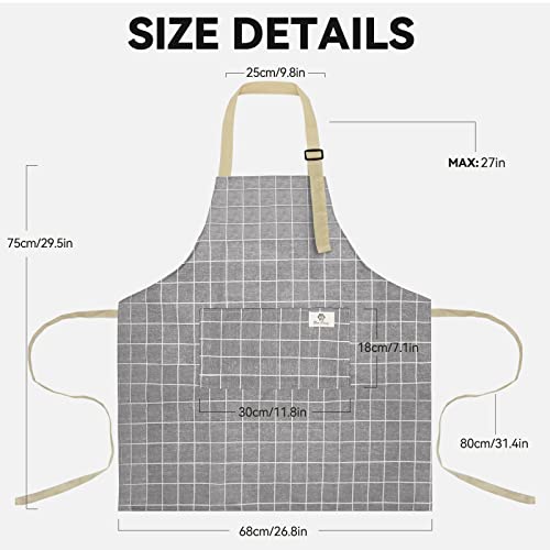 Riqiaqia 2 Pieces Aprons for Women with Pockets, Cotton Linen Waterproof Kitchen Cooking Aprons, Chef Apronfor Men Women with Adjustable Neck Strap and Long Ties(Grey/Green)